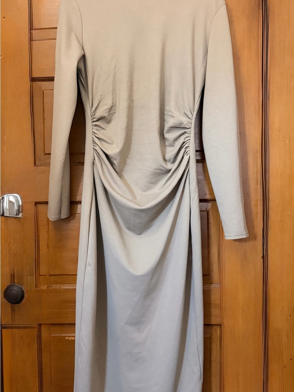 Zara Beige Long-Sleeve Ruched-Back Midi Dress